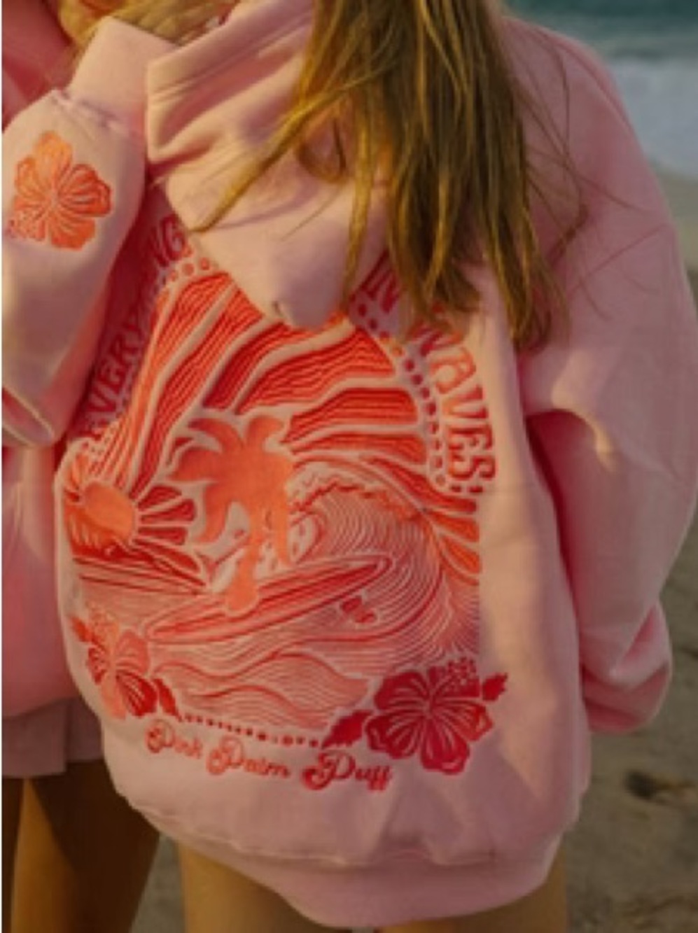 XS Pink Palm Puff Hoodie (Everything comes in waves)